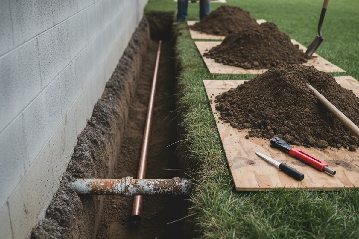 Excavated water line trench during Sewer Line Repair in Clearlake